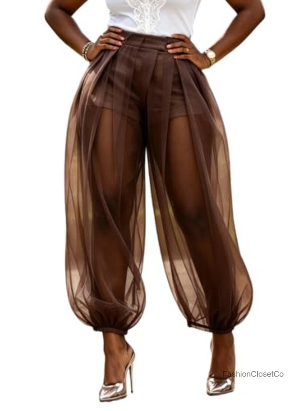 Sheer Tulle Balloon Pants High Waist Pleated Wide Leg Palazzo with Shorts